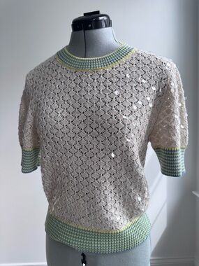 J.Crew Sequin Crochet Knit Sweater NWOT Size M Blue Yellow Trim Short Sleeve